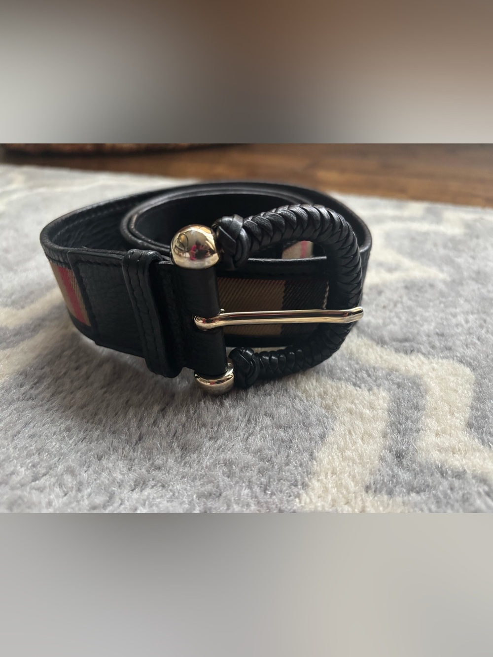 Burberry size 32/80 Belt Plaid Monogram Black Leather Tan Canvas Classic